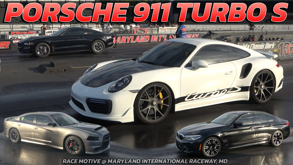 Porsche 911 Turbo S vs Mustang, Charger SRT 675hp & BMW M3 Drag racing @ MARYLAND International race